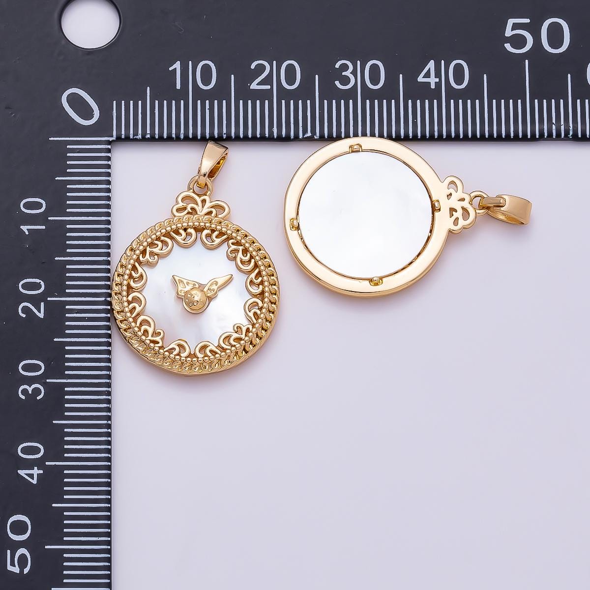 16K Gold Filled 24.5mm Mother of Pearl Clock Artisan Bezel Round Pendant in Gold & Silver Filigree Outline Charm DIY Jewelry | Charms-01362