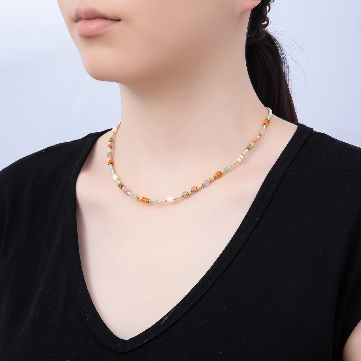 Handmade Stainless Steel 2mm Earth Tone Agate Gemstone Chain 16 Inch Necklace | WA-04641