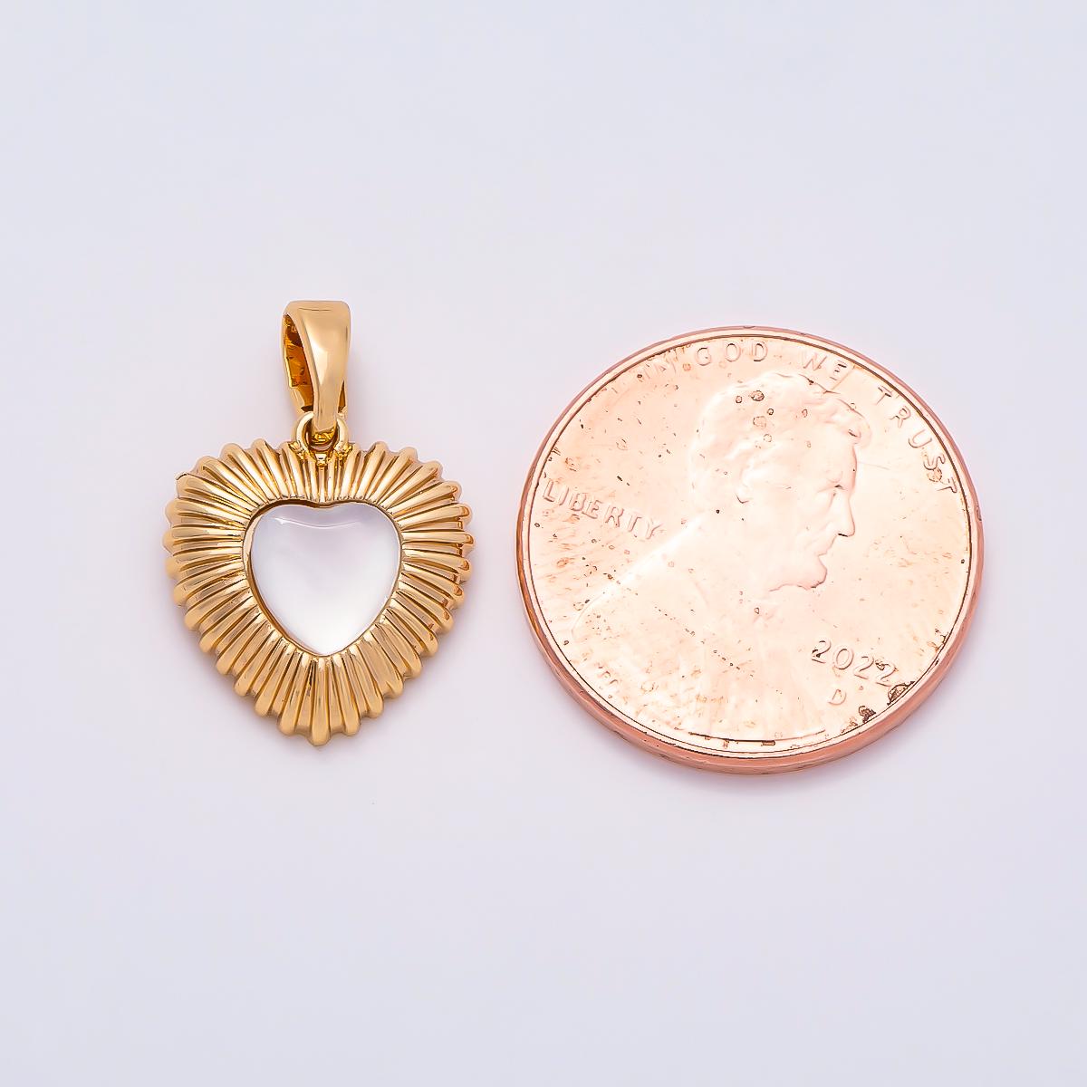 16K Gold Filled 13mm Mother Of Pearl Ribbed Textured Heart Pendant Sunburst Romantic Charm for Necklace and Bracelet Making | Charms-01364