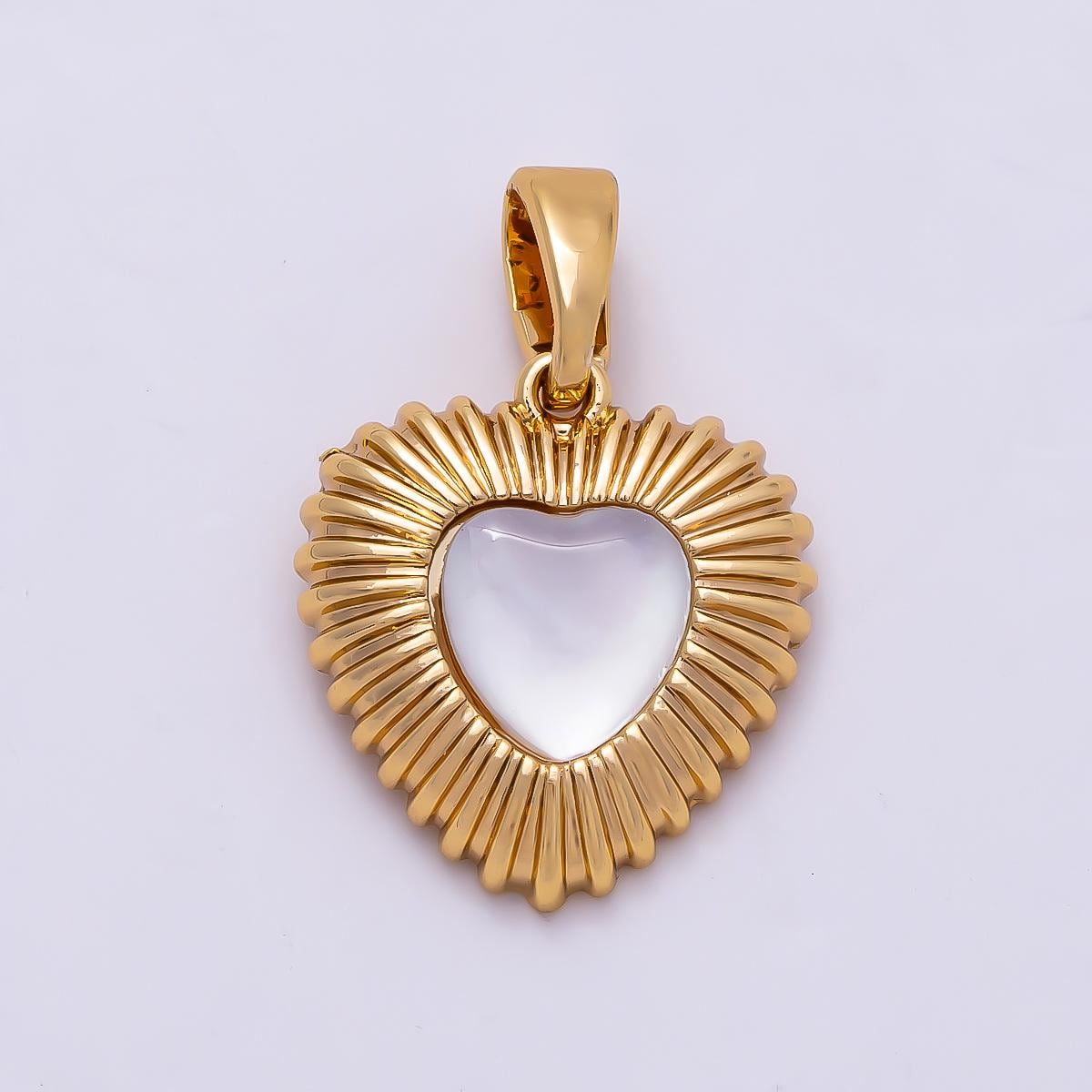 16K Gold Filled 13mm Mother Of Pearl Ribbed Textured Heart Pendant Sunburst Romantic Charm for Necklace and Bracelet Making | Charms-01364