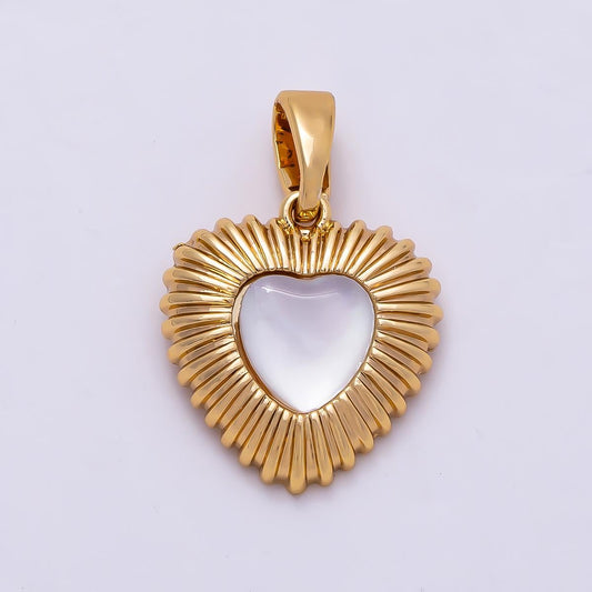 16K Gold Filled 13mm Mother Of Pearl Ribbed Textured Heart Pendant Sunburst Romantic Charm for Necklace and Bracelet Making | Charms-01364