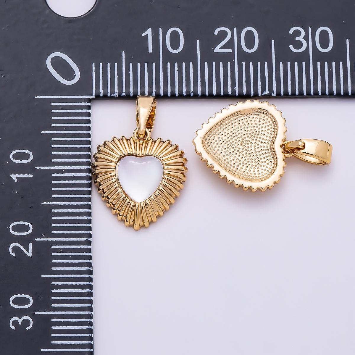 16K Gold Filled 13mm Mother Of Pearl Ribbed Textured Heart Pendant Sunburst Romantic Charm for Necklace and Bracelet Making | Charms-01364
