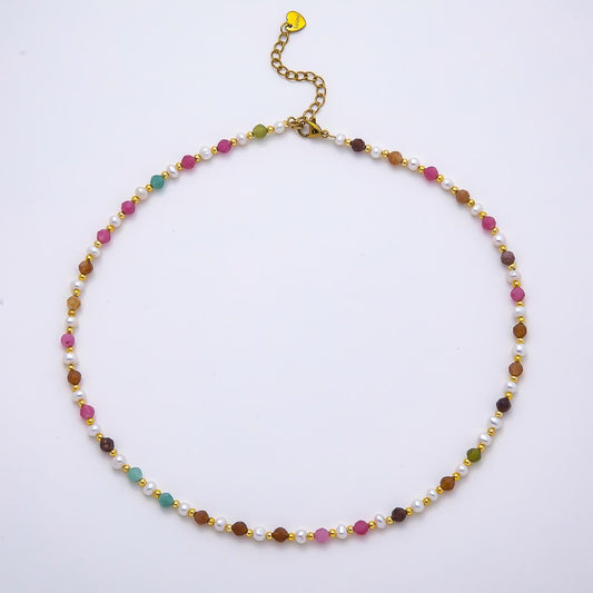 Handmade Stainless Steel 2mm Multifaceted Multicolor Gemstone Chain 16 Inch Necklace Boho Confetti Layering Jewelry Gift for Her | WA-04642