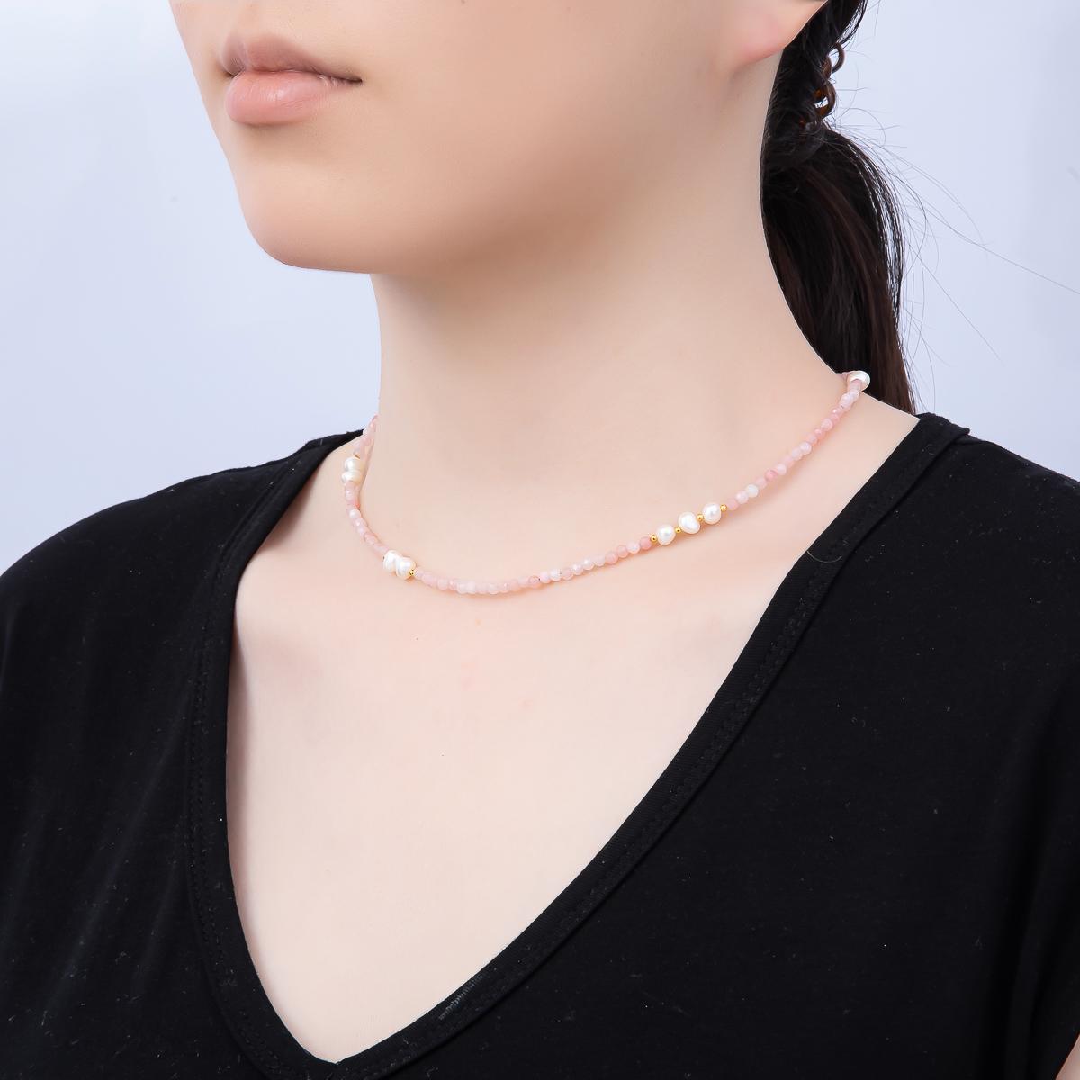 Handmade Stainless Steel 2mm Shell Pearl Rose Quartz Gemstone Chain 16 Inch Necklace Beaded Crystal Layering Elegant Jewelry | WA-04643