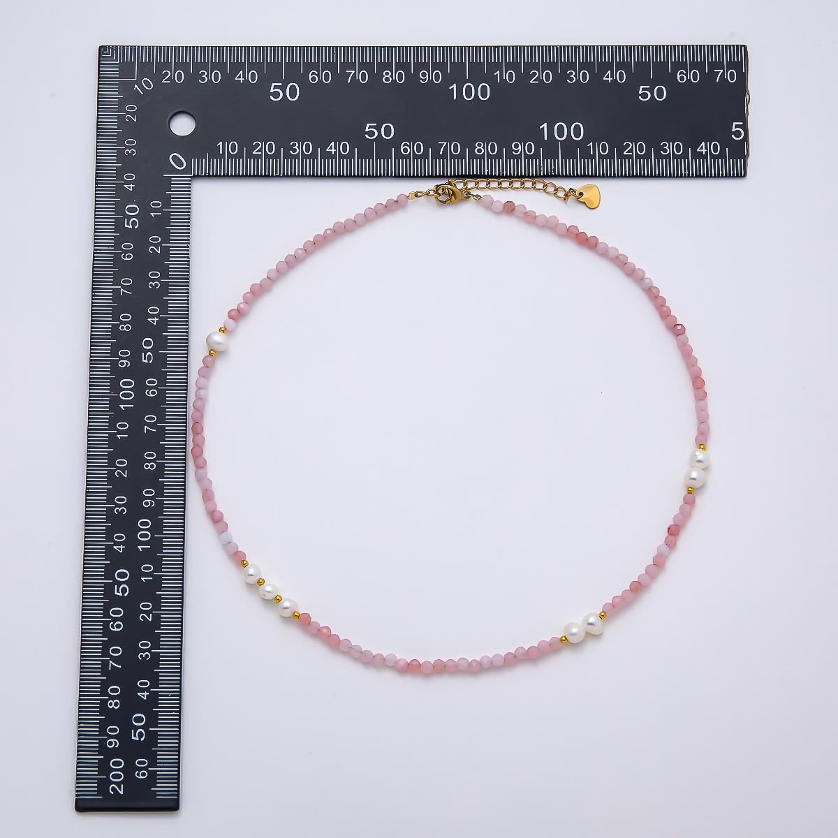 Handmade Stainless Steel 2mm Shell Pearl Rose Quartz Gemstone Chain 16 Inch Necklace Beaded Crystal Layering Elegant Jewelry | WA-04643