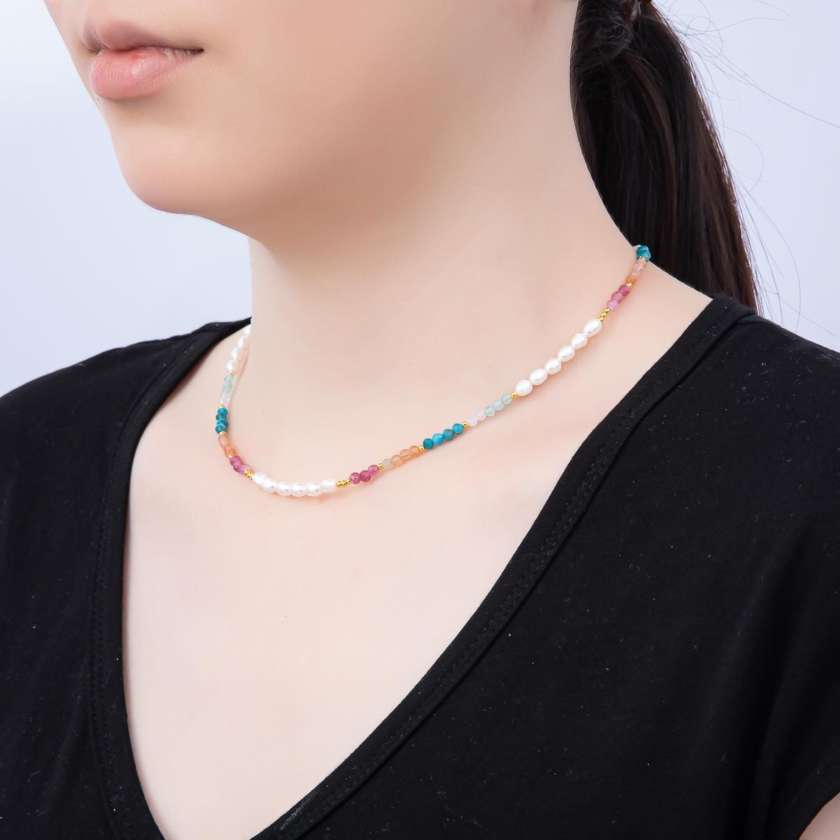 Handmade Stainless Steel 2mm Shell Pearl Multicolor Gemstone Chain 16 Inch Necklace Pastel Rainbow Summer Beach Jewelry Gift | WA-04646