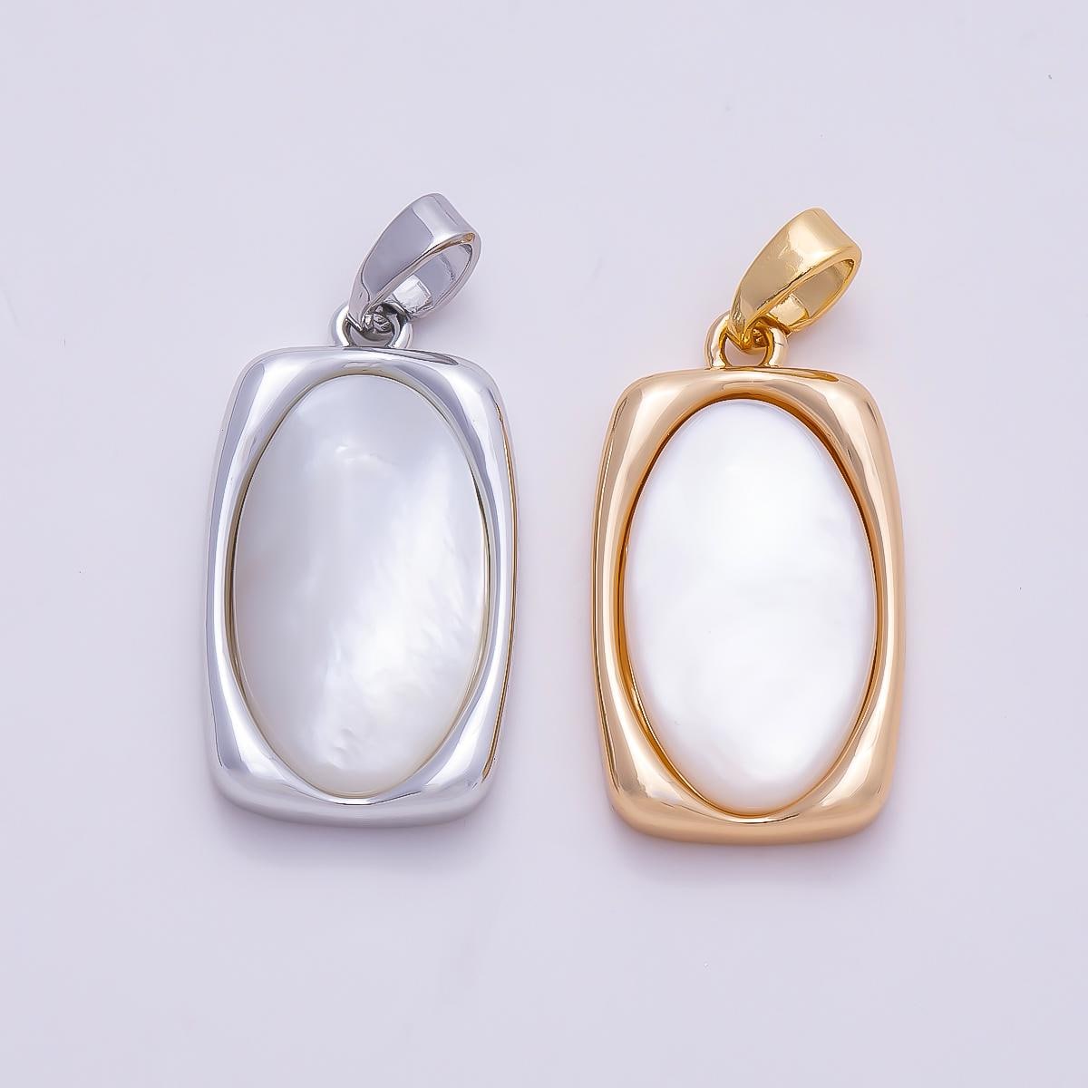 16K Gold Filled 21mm Mother of Pearl Oval Cabochon Rectangular Frame Pendant in Gold & Silver Minimalist DIY Necklace Jewelry | Charms-01365