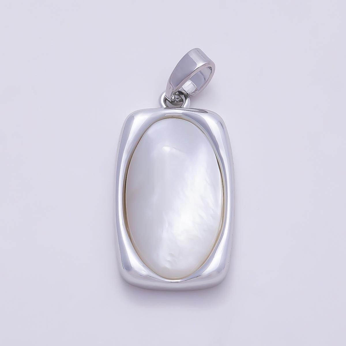 16K Gold Filled 21mm Mother of Pearl Oval Cabochon Rectangular Frame Pendant in Gold & Silver Minimalist DIY Necklace Jewelry | Charms-01365