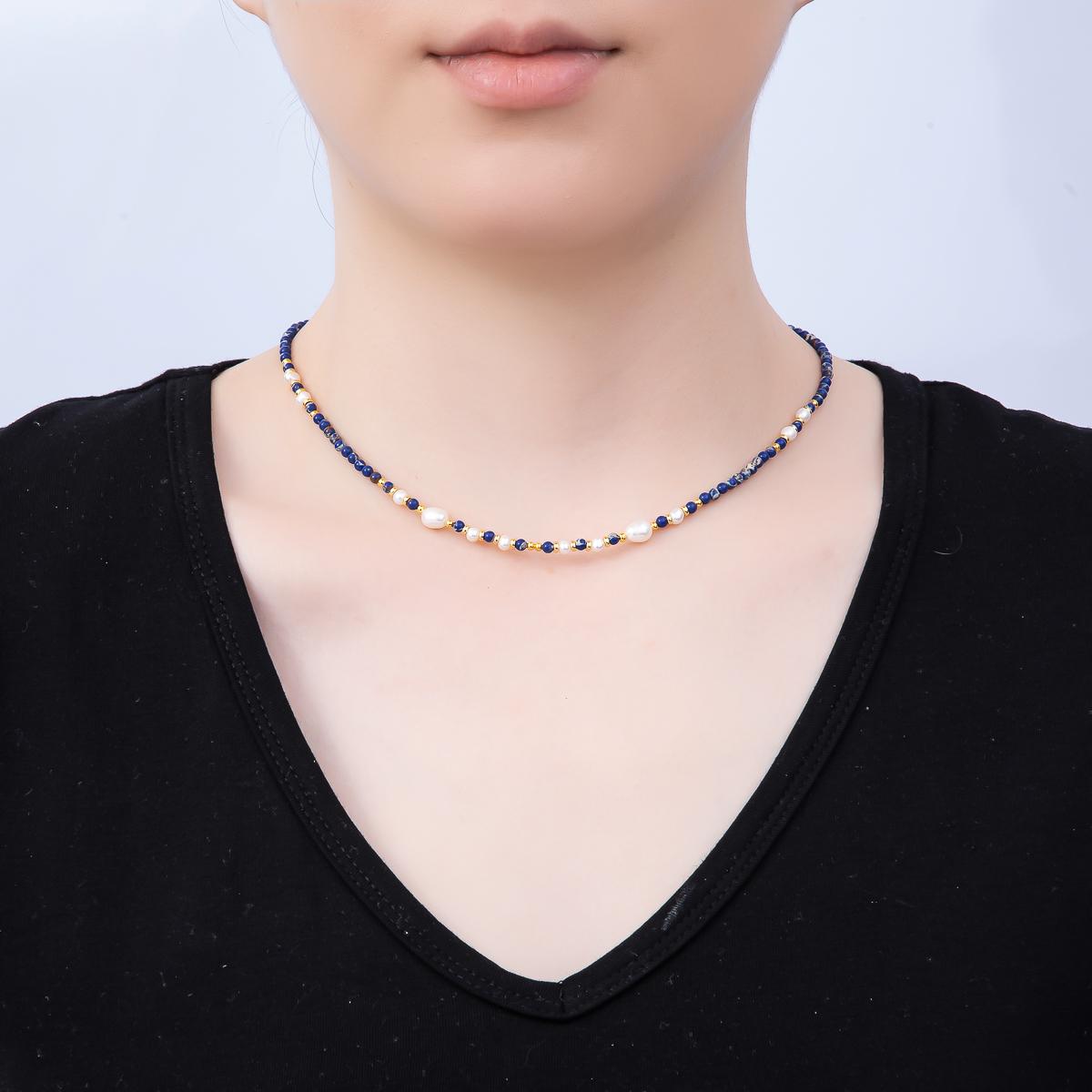 Handmade Stainless Steel 3mm Shell Pearl Lapis Lazuli Gemstone Chain 16 Inch Necklace Royal Bohemian Fashion Jewelry Gift for Her | WA-04649