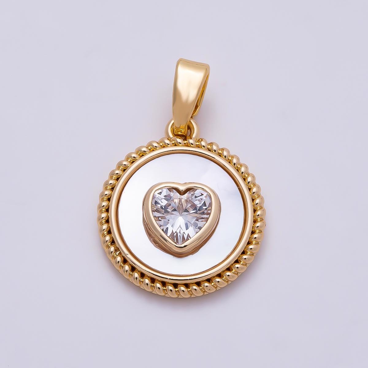 16K Gold Filled 15mm Clear Heart CZ Mother Of Pearl Rope Edge Coin Pendant Medallion Charm DIY Jewelry Making Supply Necklace | Charms-01367