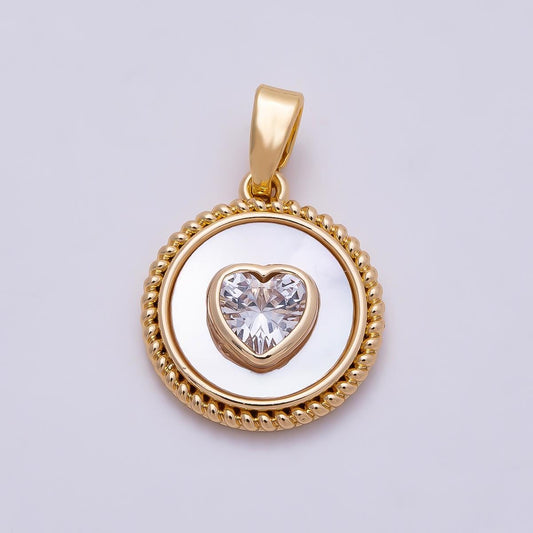 16K Gold Filled 15mm Clear Heart CZ Mother Of Pearl Rope Edge Coin Pendant Medallion Charm DIY Jewelry Making Supply Necklace | Charms-01367