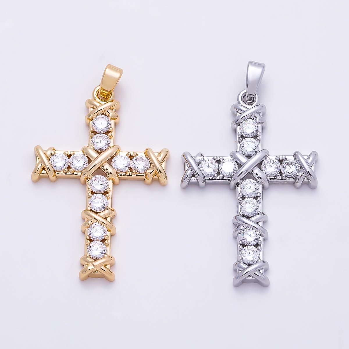 16K Gold Filled 32mm Clear CZ X Crisscross Accents Religious Pendant in Gold & Silver Sparkling Holy Faith Jewelry Supply | Charms-01368