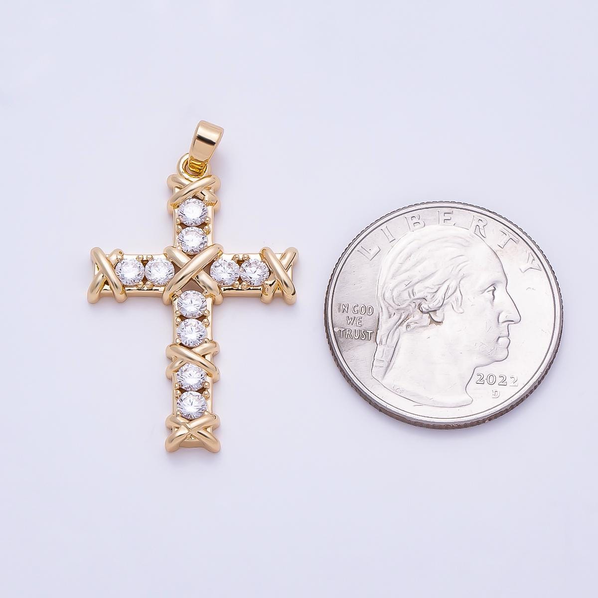 16K Gold Filled 32mm Clear CZ X Crisscross Accents Religious Pendant in Gold & Silver Sparkling Holy Faith Jewelry Supply | Charms-01368
