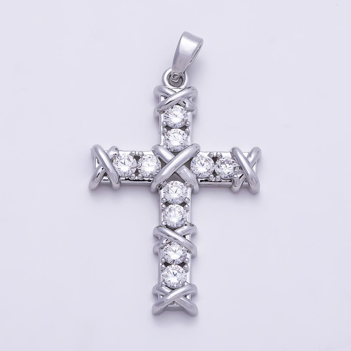 16K Gold Filled 32mm Clear CZ X Crisscross Accents Religious Pendant in Gold & Silver Sparkling Holy Faith Jewelry Supply | Charms-01368