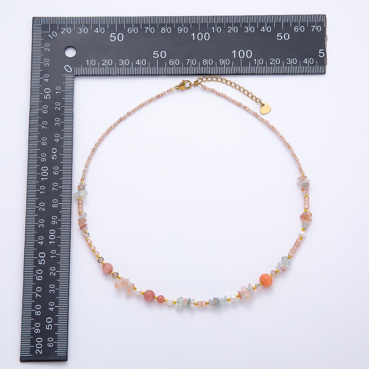 Minimalist Handmade Morganite & Aquamarine Beaded Necklace, Freshwater Pearl Gemstone Choker, Pink Crystal Necklace 16 inch WA-4737