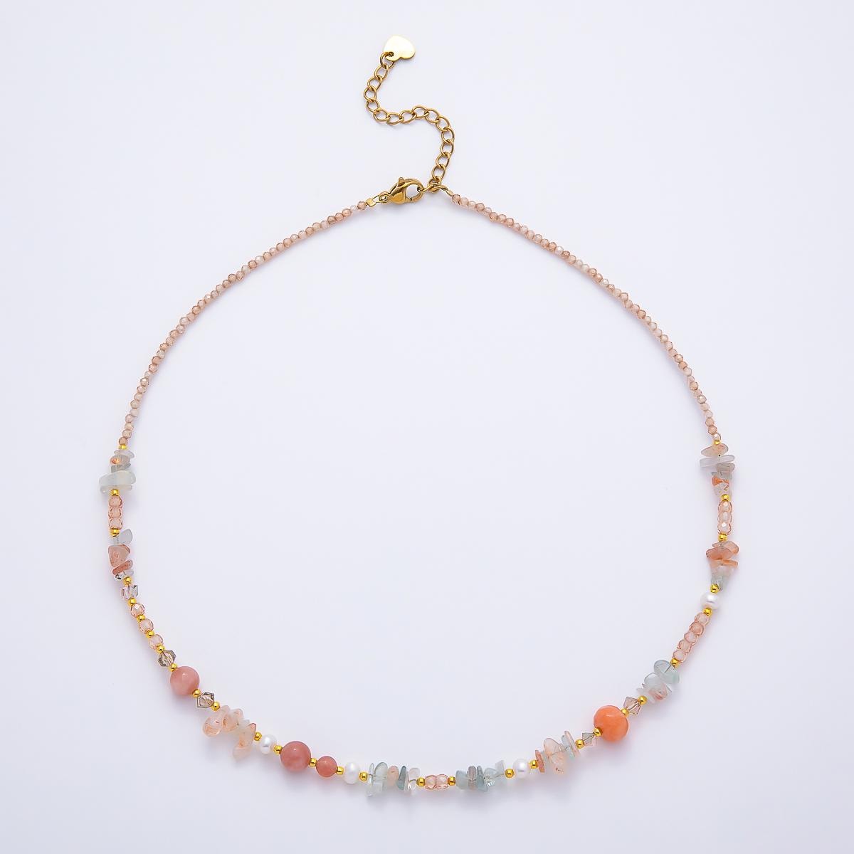 Minimalist Handmade Morganite & Aquamarine Beaded Necklace, Freshwater Pearl Gemstone Choker, Pink Crystal Necklace 16 inch WA-4737