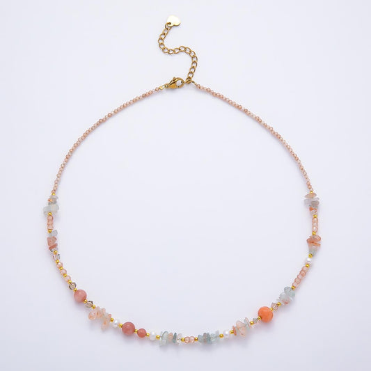 Minimalist Handmade Morganite & Aquamarine Beaded Necklace, Freshwater Pearl Gemstone Choker, Pink Crystal Necklace 16 inch WA-4737