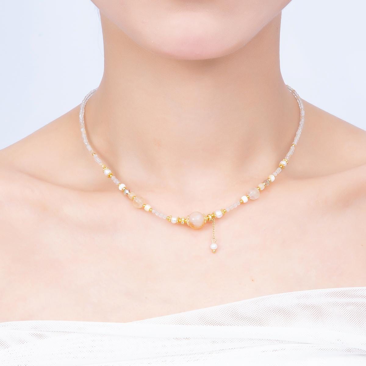 Natural Moonstone Necklace, Handmade Beaded Necklace, White Crystal Choker, Gold Accent Jewelry, Wedding Gift for Her WA-4736