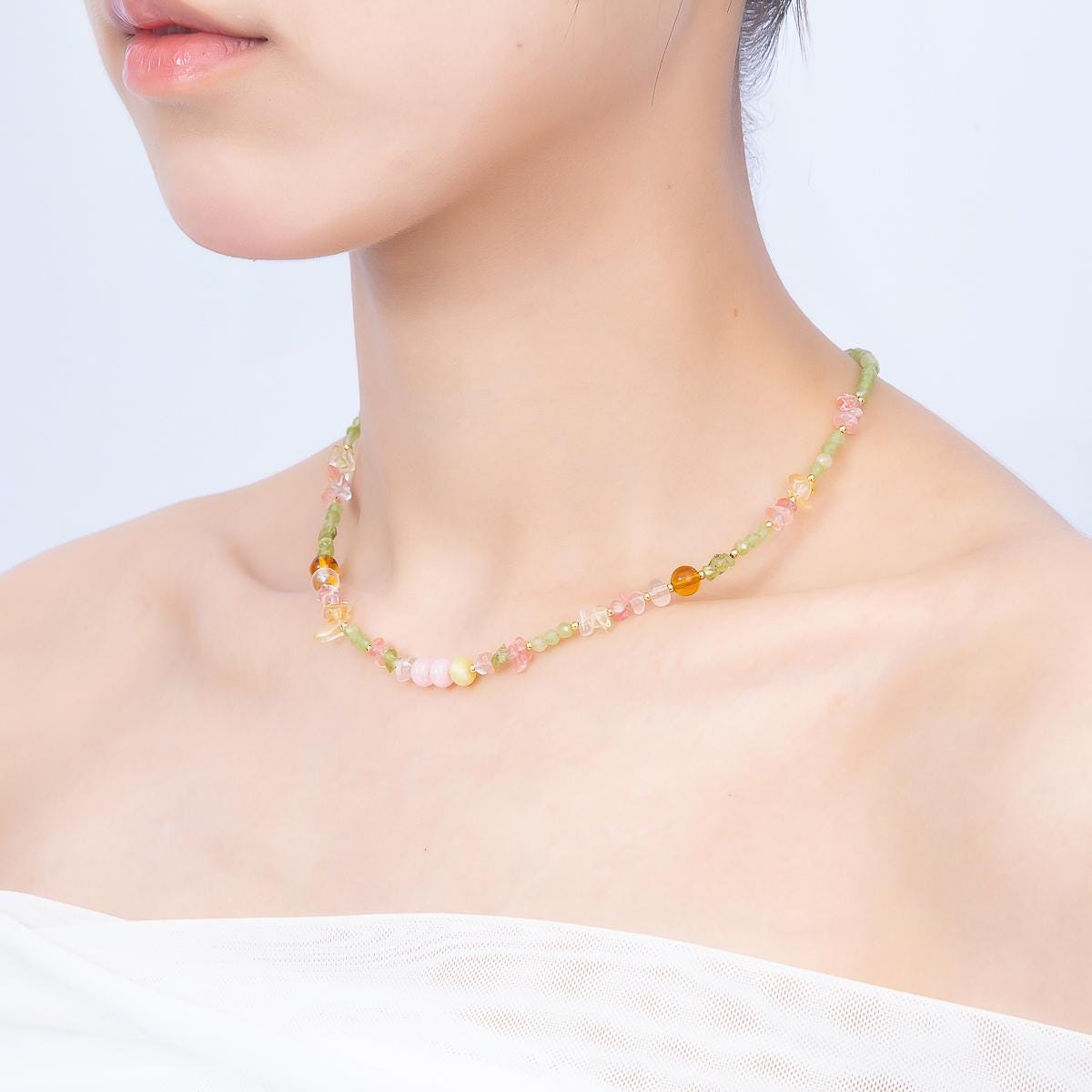Handmade Pastel Gemstone Necklace, Prehnite Beaded Necklace, Cherry Quartz Choker, Dainty Layering Necklace, Boho Jewelry WA-4733