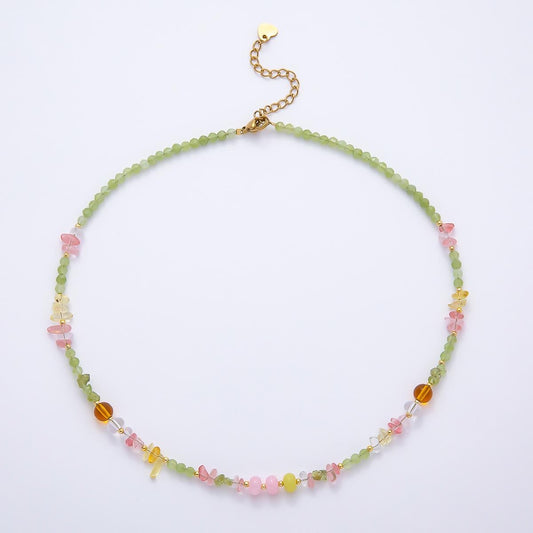 Handmade Pastel Gemstone Necklace, Prehnite Beaded Necklace, Cherry Quartz Choker, Dainty Layering Necklace, Boho Jewelry WA-4733