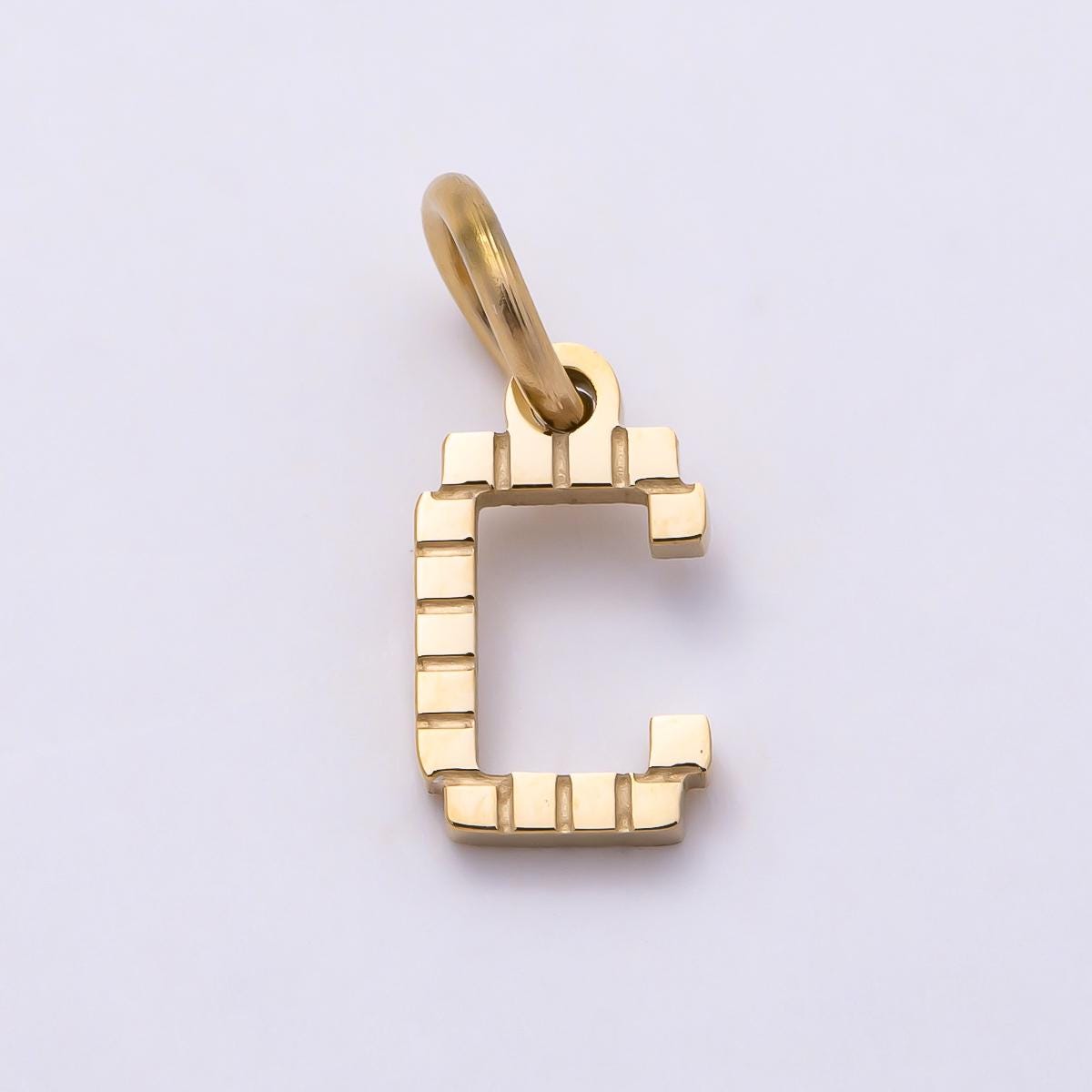 PVD Stainless 8.5mm Lined Ribbed Digital Alphabet Initial Letter Charm Custom Name Charm Jewelry Retro Gamer Gift for Her | Charms-01126