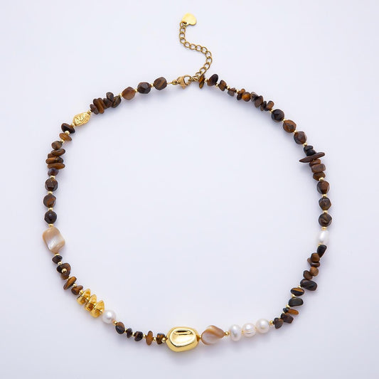 Handmade 8mm White Shell Pearl Tiger Eye Biwa Pebble Multifaceted Gemstone Chain 16 Inch Necklace | WA-04726