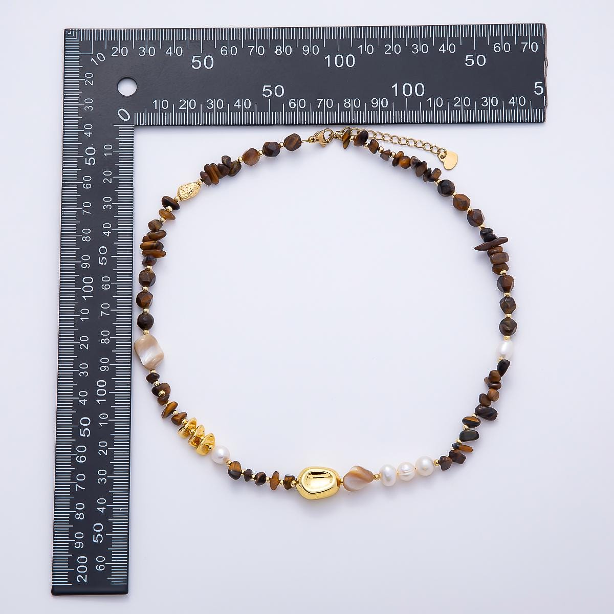 Handmade 8mm White Shell Pearl Tiger Eye Biwa Pebble Multifaceted Gemstone Chain 16 Inch Necklace | WA-04726