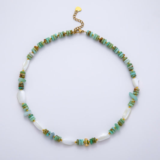 Handmade 7mm White Shell Pearl Turquoise Rondelle Gemstone Chain 15.5 Inch Necklace Summer Beach Style Layering Choker Gift | WA-04727