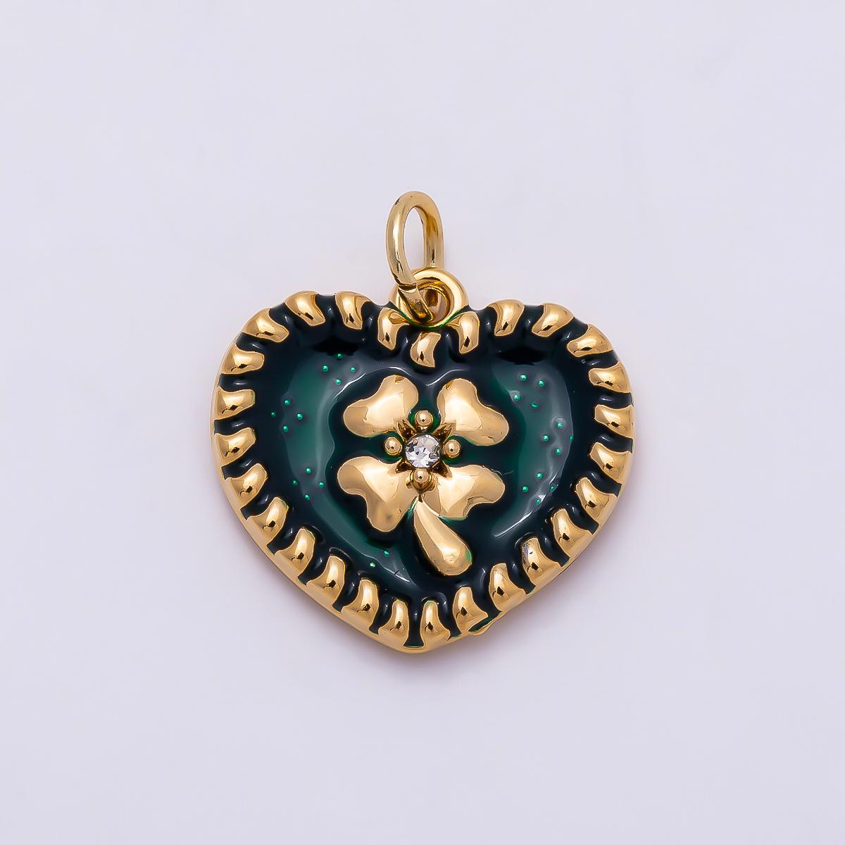 PVD Gold Stainless Steel 16mm Clear CZ Green Enamel Clover Heart Charm Whimsical Shamrock Pendant DIY Statement Jewelry Supply| Charms-01327