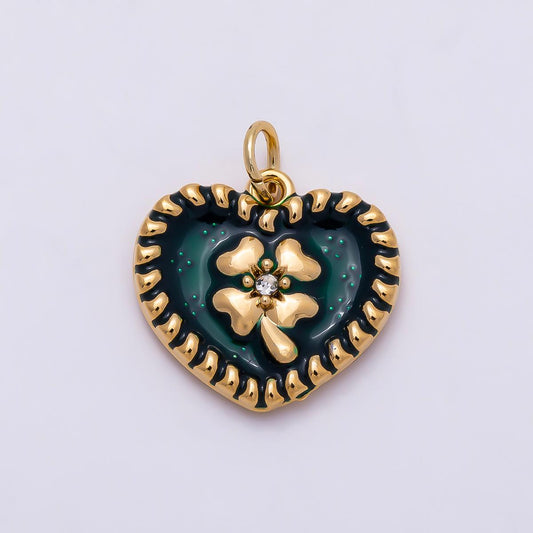 PVD Gold Stainless Steel 16mm Clear CZ Green Enamel Clover Heart Charm Whimsical Shamrock Pendant DIY Statement Jewelry Supply| Charms-01327