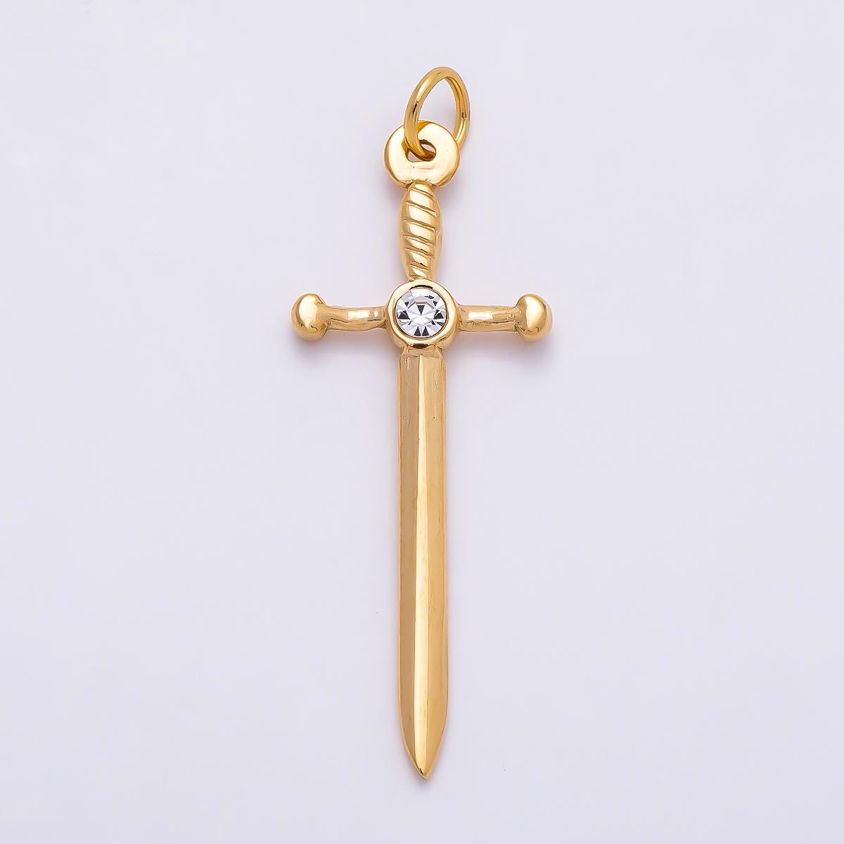 PVD Gold Stainless Steel 35mm Clear CZ Knife Sword Charm Sparkling Dagger Medieval Jewelry DIY Punk Necklace Making Supply | Charms-01328