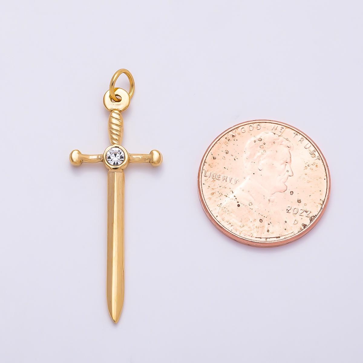 PVD Gold Stainless Steel 35mm Clear CZ Knife Sword Charm Sparkling Dagger Medieval Jewelry DIY Punk Necklace Making Supply | Charms-01328
