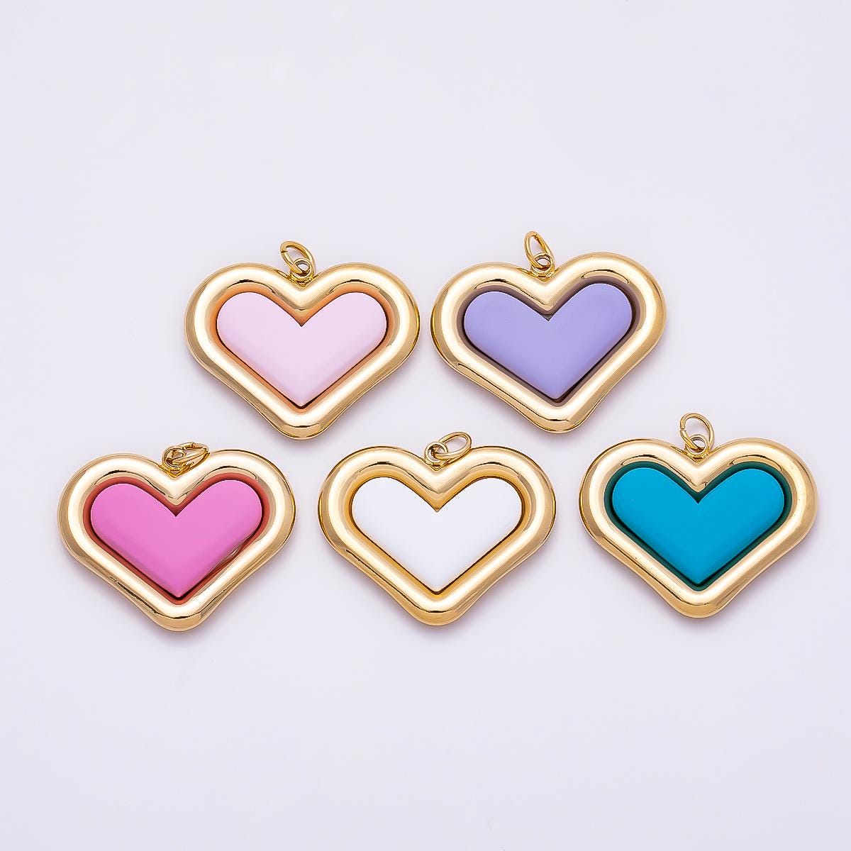 PVD Gold Stainless Steel 27mm Heart Bezel Enamel Charm Colorful Puffed Love Pendants Romantic DIY Jewelry Making Supply | Charms-01338