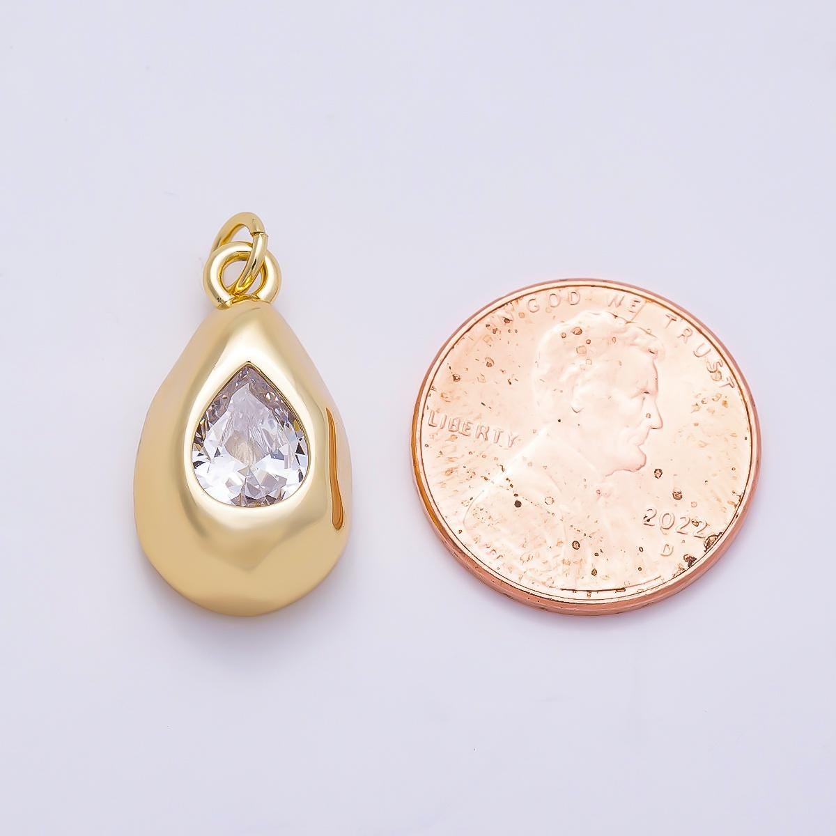 16K Gold Filled 20mm Clear CZ Chubby Teardrop Bezel Charm Chunky Puff Waterdrop Medallion DIY Minimalist Statement Jewelry | Charms-01355