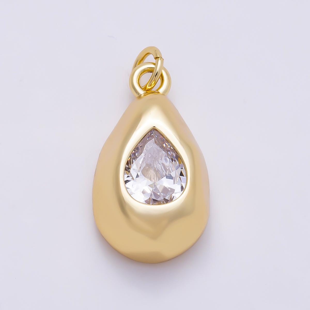 16K Gold Filled 20mm Clear CZ Chubby Teardrop Bezel Charm Chunky Puff Waterdrop Medallion DIY Minimalist Statement Jewelry | Charms-01355