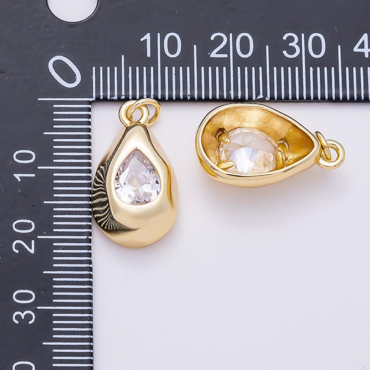 16K Gold Filled 20mm Clear CZ Chubby Teardrop Bezel Charm Chunky Puff Waterdrop Medallion DIY Minimalist Statement Jewelry | Charms-01355