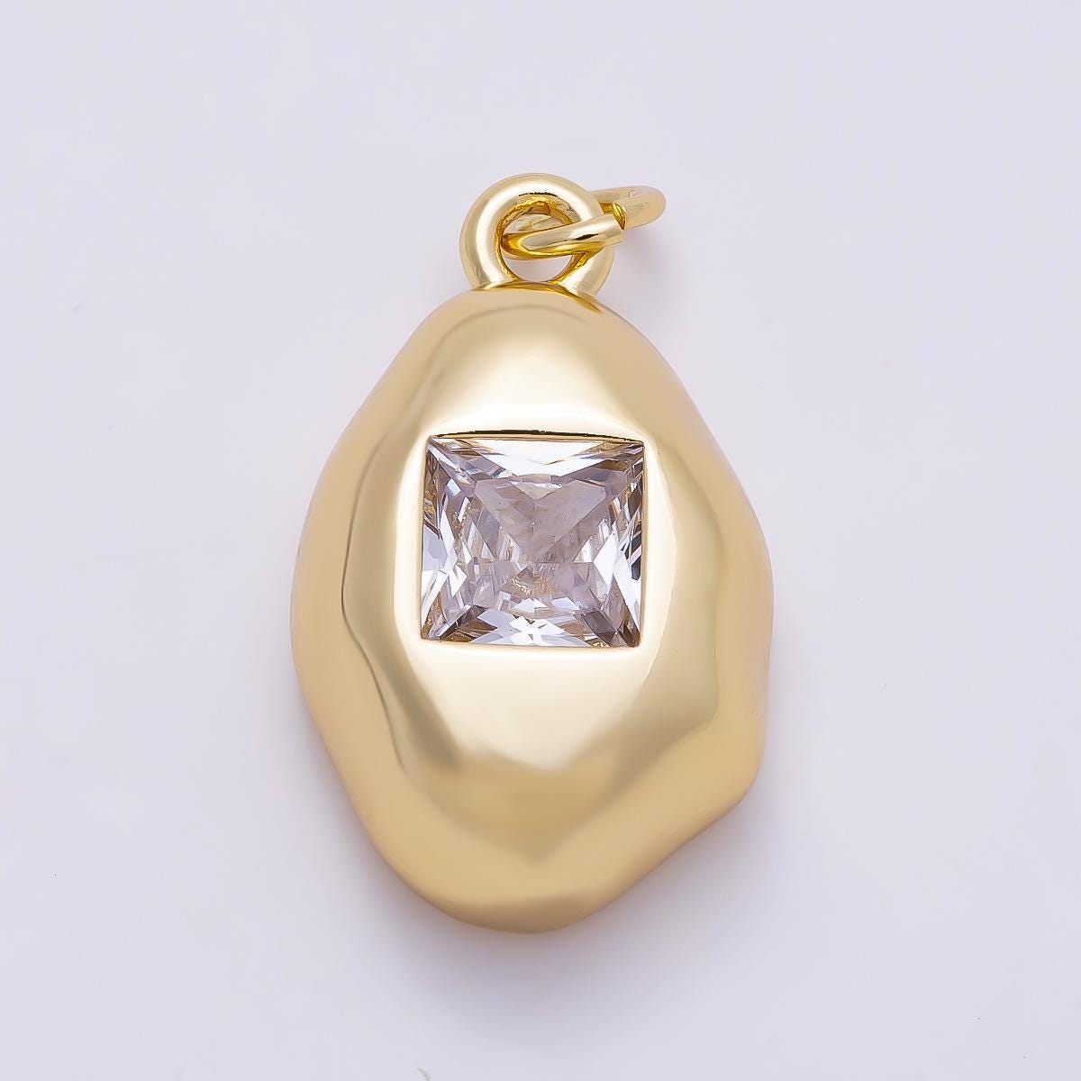 16K Gold Filled 21mm Clear Square CZ Molten Pebble Charm Chunky Nugget Pendant DIY Modern Minimalist Jewelry Making Supply | Charms-01356