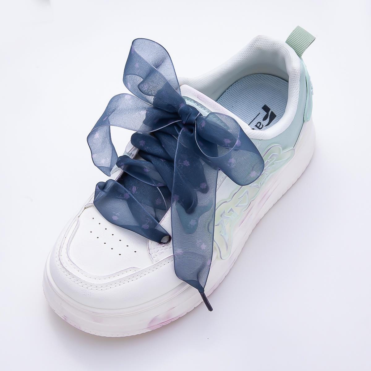 Pink, Blue, Brown, Black Floral ribbon shoelaces romantic wide sheer sneaker laces for Fashion shoe game everyday chic accessory | WB-00309