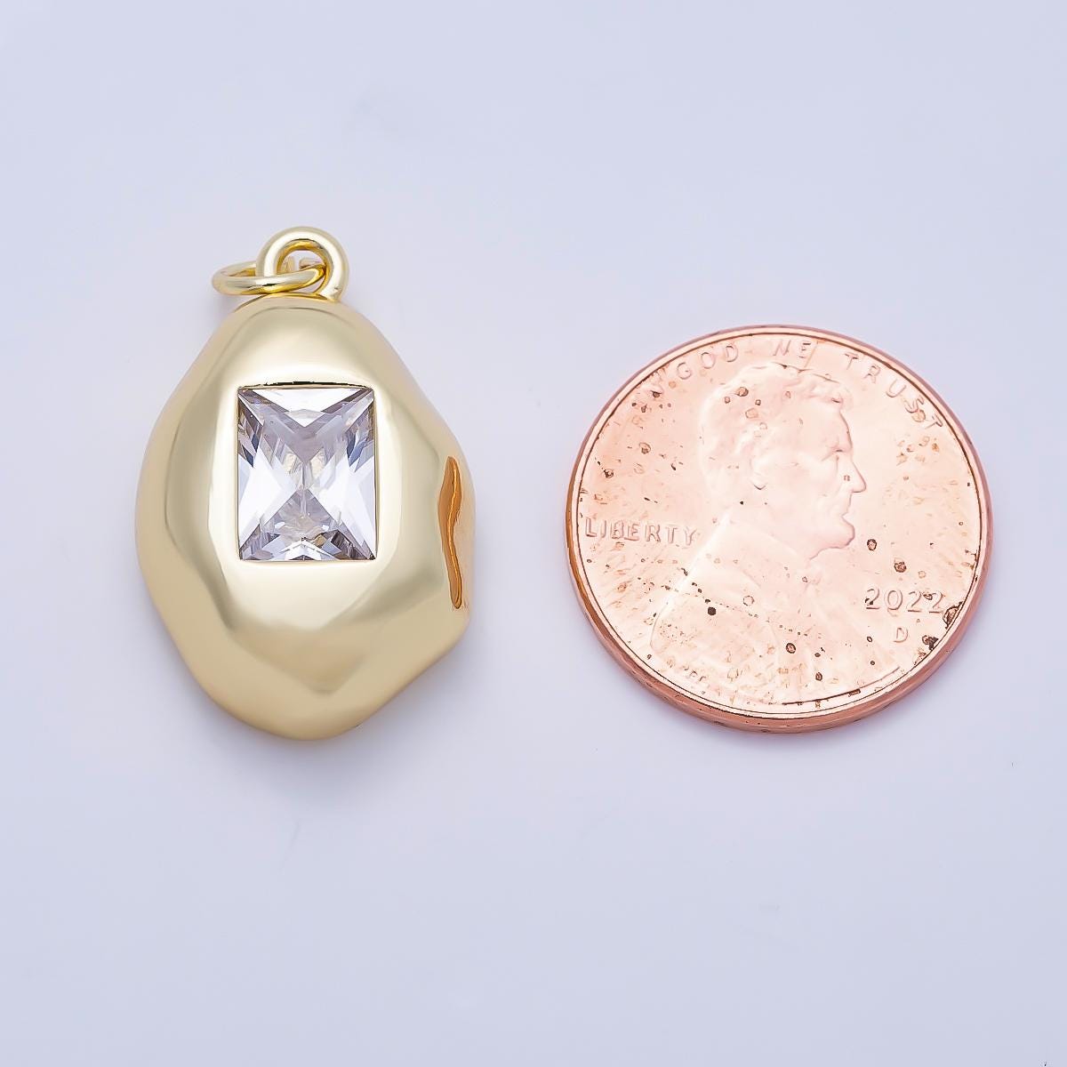 16K Gold Filled 23mm Clear Rectangular CZ Molten Pebble Charm DIY Modern Minimalist Jewelry Making Supply for Elegant Necklace| Charms-01358