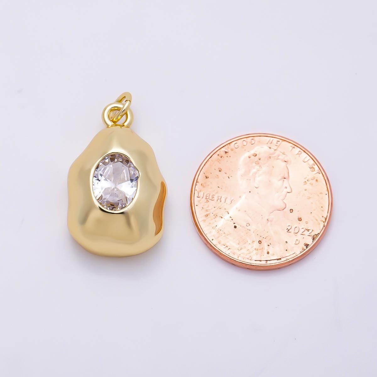 16K Gold Filled 21mm Clear Oval CZ Molten Pebble Cham DIY Jewelry Making Supply for Custom Necklace Wedding Bridal Accessory | Charms-01359