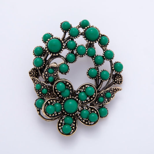 Green Vintage Brooch Antique Gold Floral Wreath Pin with Emerald Beads Gothic Statement Fashion Accessory for Coats Bags Scarves | BH-00176