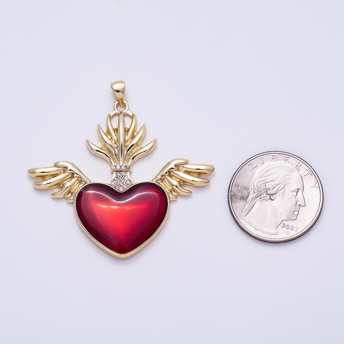 16K Gold Filled 47mm Micro Paved CZ Sacred Red Heart Angel Wings Religious Pendant Flaming Religious DIY Boho Necklace Jewelry| Charms-01277