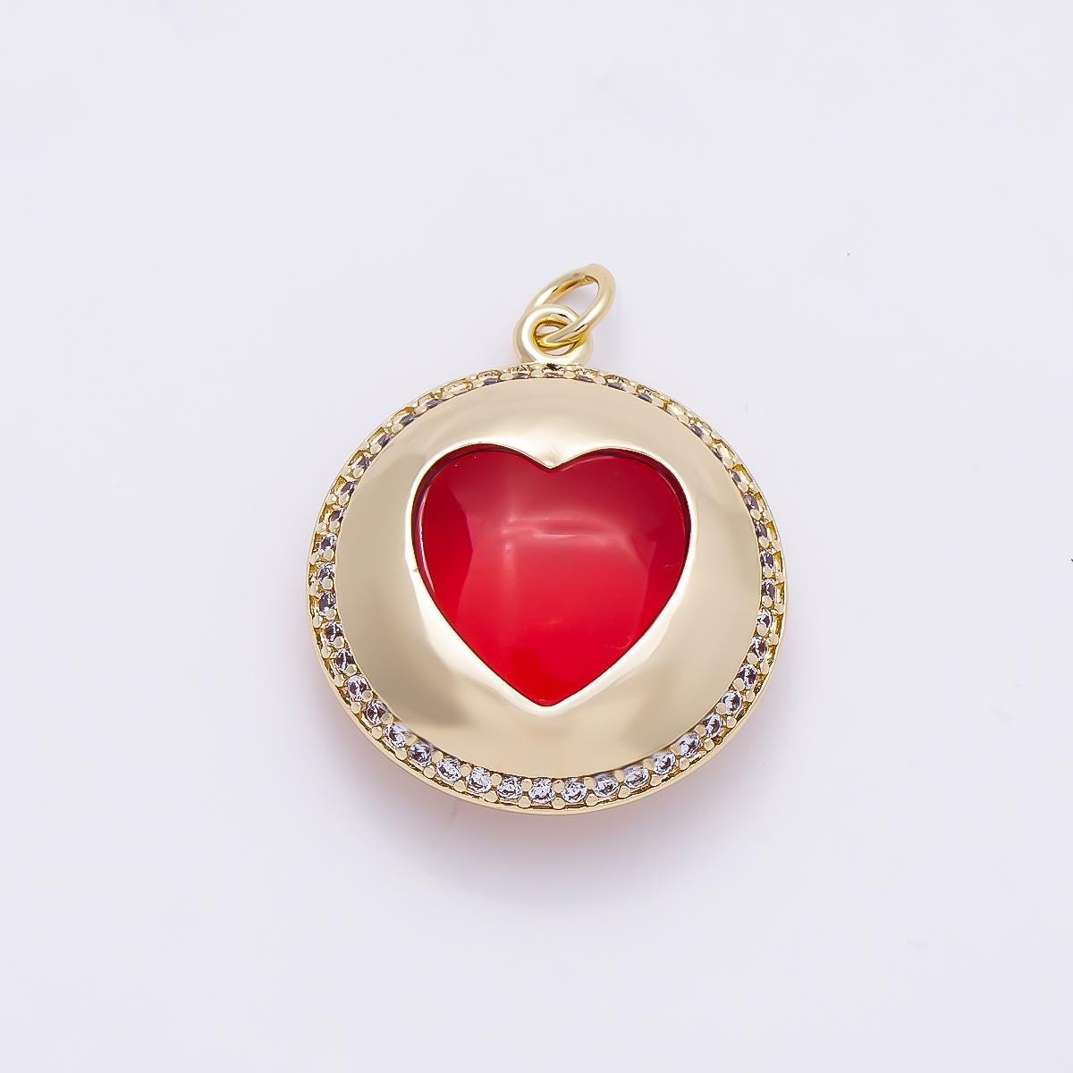 16K Gold Filled 24mm Red Heart Micro Paved CZ Round Pendant Glass Love Medallion Halo Coin Necklace Jewelry Making Supplies | Charms-01278