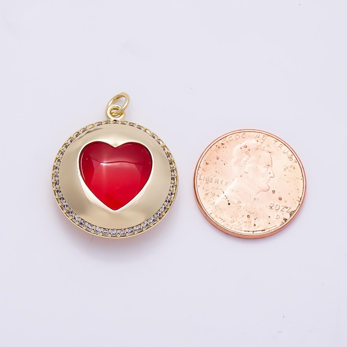 16K Gold Filled 24mm Red Heart Micro Paved CZ Round Pendant Glass Love Medallion Halo Coin Necklace Jewelry Making Supplies | Charms-01278
