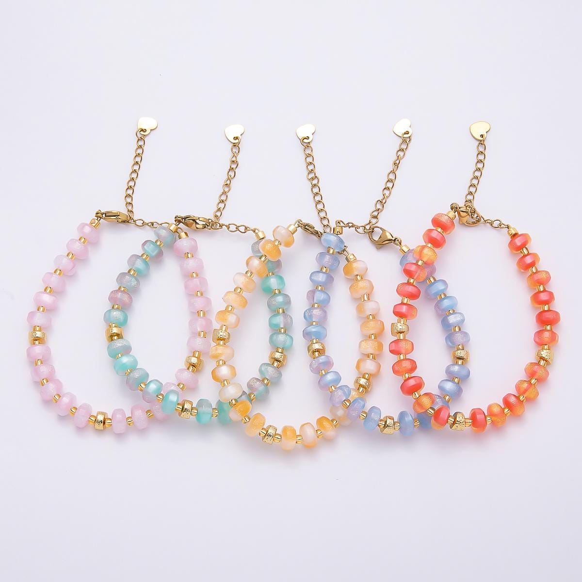 Handmade 8mm Orange, Yellow, Blue, Green, Pink Glitter Rondelle Bead Resin 7 Inch Bracelet w. Extender Summer Jewelry Gift | WA-04554
