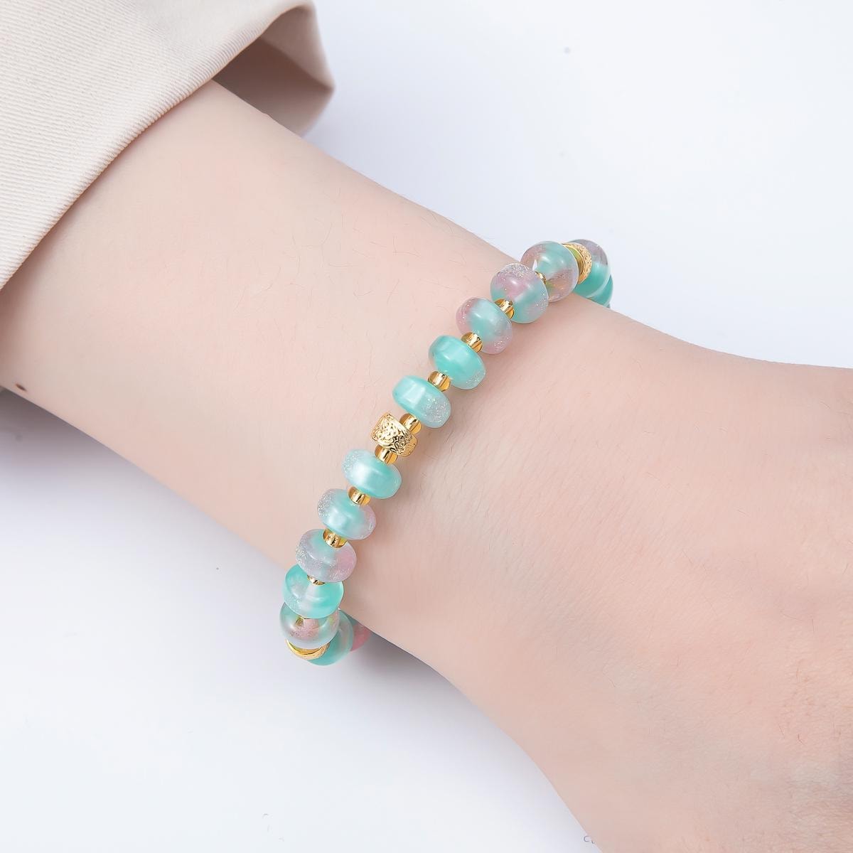 Handmade 8mm Orange, Yellow, Blue, Green, Pink Glitter Rondelle Bead Resin 7 Inch Bracelet w. Extender Summer Jewelry Gift | WA-04554