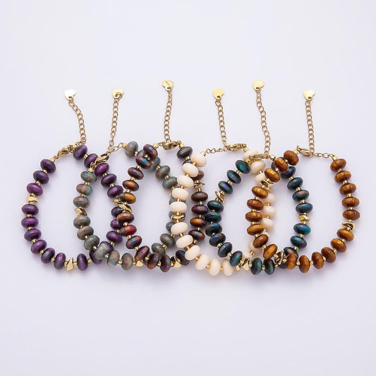 Handmade 10mm Round Flat Rondelle Bead Resin 7.5 Inch Bracelet w/ Extender Gold Earthy Beaded Protection Jewelry Gift | WA-04613