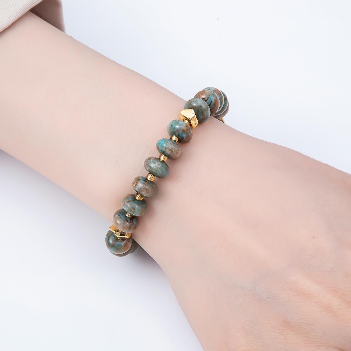 Handmade 10mm Round Flat Rondelle Bead Resin 7.5 Inch Bracelet w/ Extender Gold Earthy Beaded Protection Jewelry Gift | WA-04613