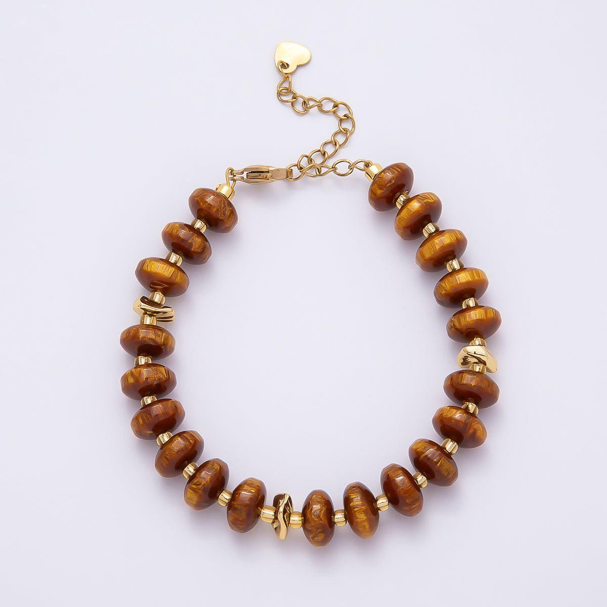 Handmade 10mm Round Flat Rondelle Bead Resin 7.5 Inch Bracelet w/ Extender Gold Earthy Beaded Protection Jewelry Gift | WA-04613