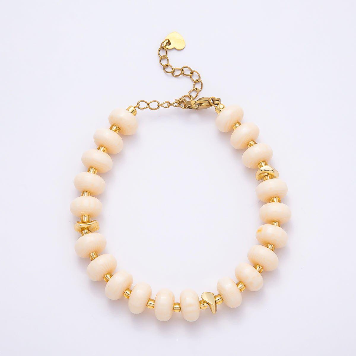 Handmade 10mm Round Flat Rondelle Bead Resin 7.5 Inch Bracelet w/ Extender Gold Earthy Beaded Protection Jewelry Gift | WA-04613